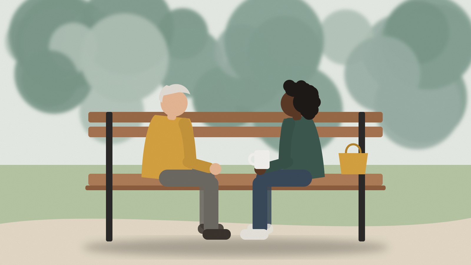 Duas pessoas de idades diferentes sentadas em um banco de praça, conversando.